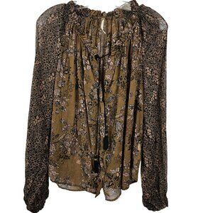 Free People‎ XS Brown Neutral Tone Floral Boho Prairie Cottage Fall Harvest Top
